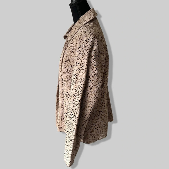Chico's Tan Genuine Leather Laser Cutout Long Sleeve Open Front  Jacket - Picture 2 of 12